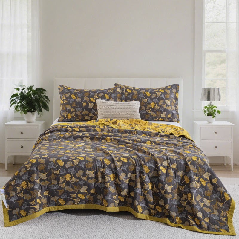 Ownkoti Country Ginkgo Biloba Organic Cotton Quilt - Dark Gray - 2PCS Pillowcases - 20" x 36" - image 0