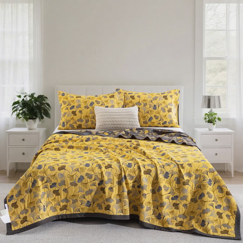 Ownkoti Country Ginkgo Biloba Organic Cotton Quilt - Gray Yellow - 2PCS Pillowcases - 20" x 36" - image 10