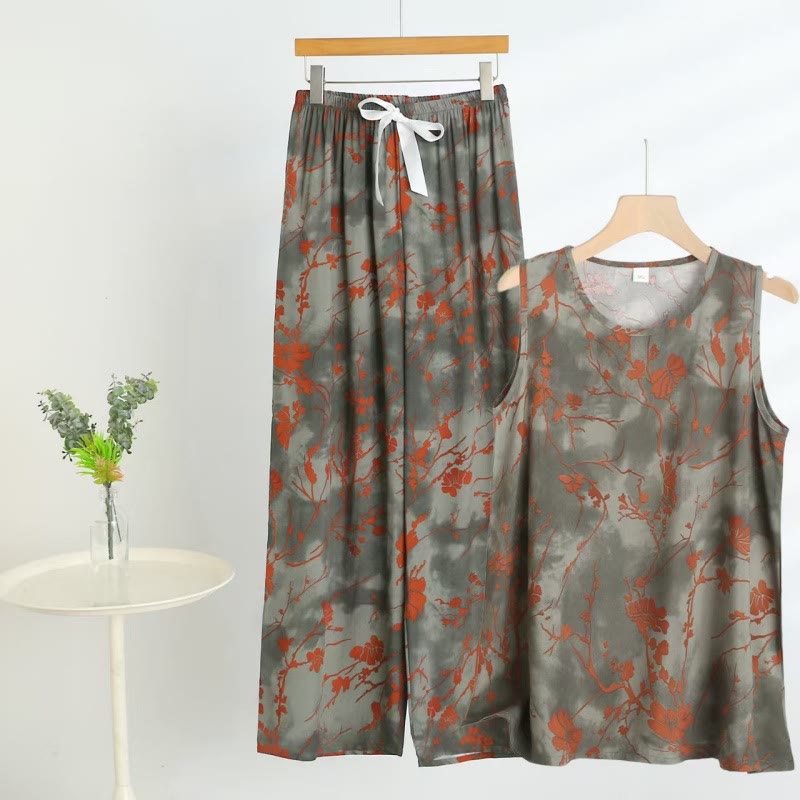Ownkoti Artistic Branch Floral Tank & Pants Pajama Set - Grey - 5XL - image 0