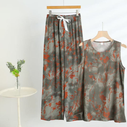 Ownkoti Artistic Branch Floral Tank & Pants Pajama Set - Grey - 5XL - image 0