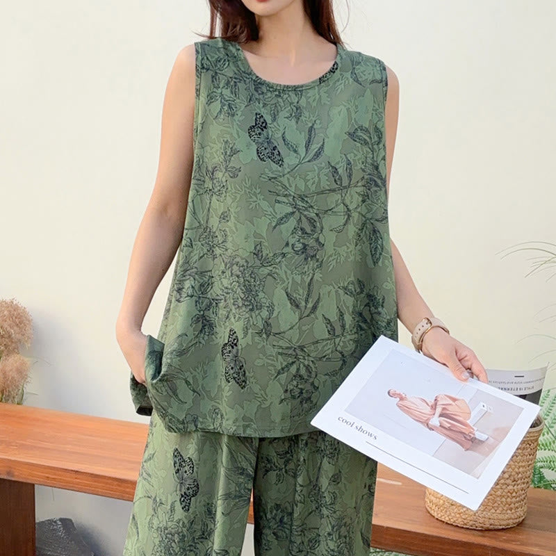 Ownkoti Green Botanical Butterfly Tank & Pants Pajamas - image 2