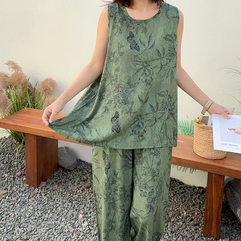 Ownkoti Green Botanical Butterfly Tank & Pants Pajamas - image 1