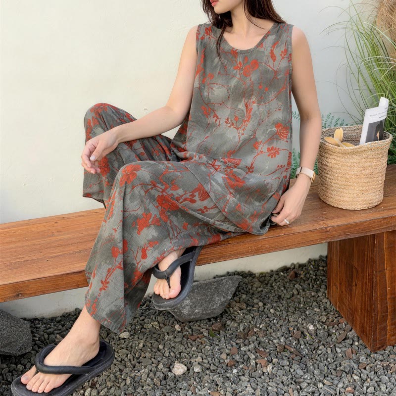 Ownkoti Artistic Branch Floral Tank & Pants Pajama Set - image 1