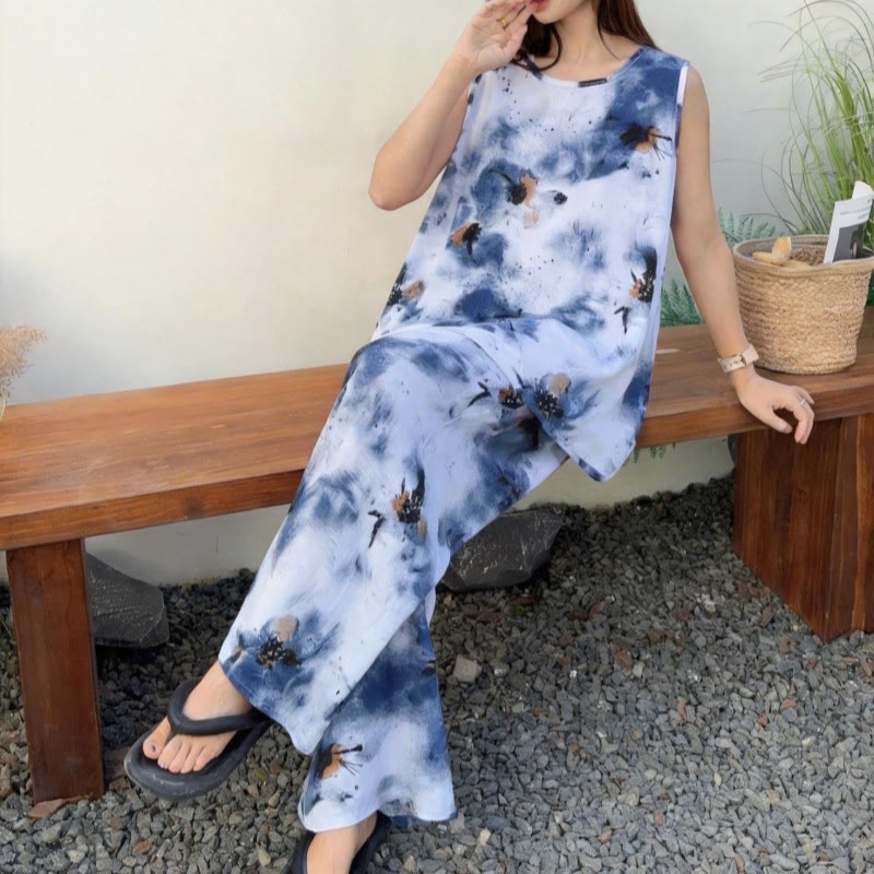 Ownkoti Blue Tie-Dye Tank & Pants Pajama Set - image 1