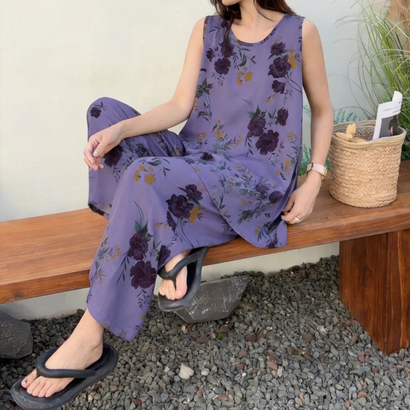 Ownkoti Purple Floral Tank & Pants Pajamas - image 1