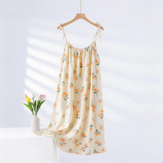 Ownkoti Orange Floral Cotton Gauze Camisole Nightgown - Beige - XXL - image 0