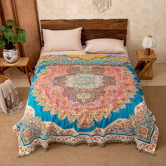 Ownkoti Vintage Pattern Cotton Gauze Tassel Quilt Blanket - Queen - image 0