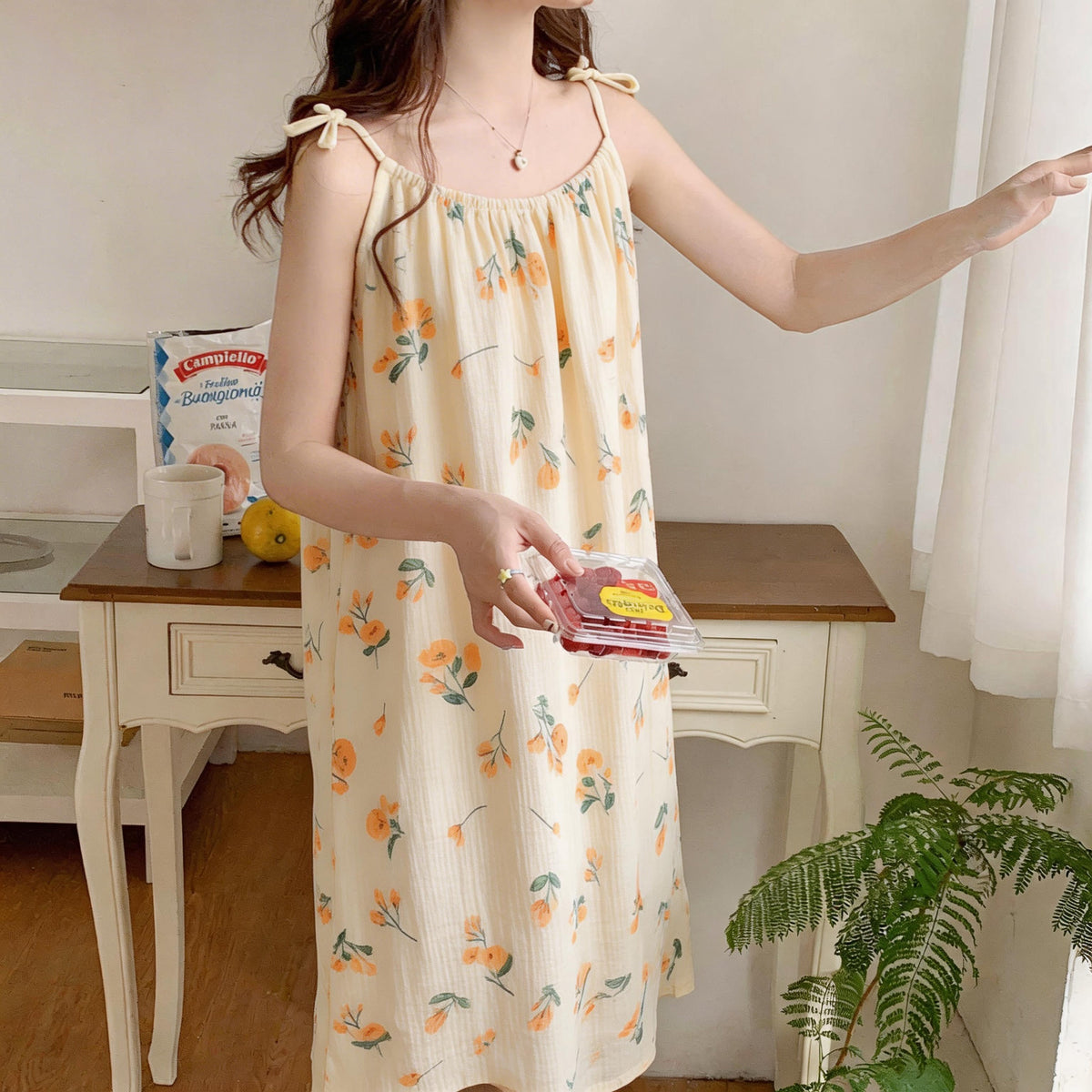 Ownkoti Orange Floral Cotton Gauze Camisole Nightgown - image 3