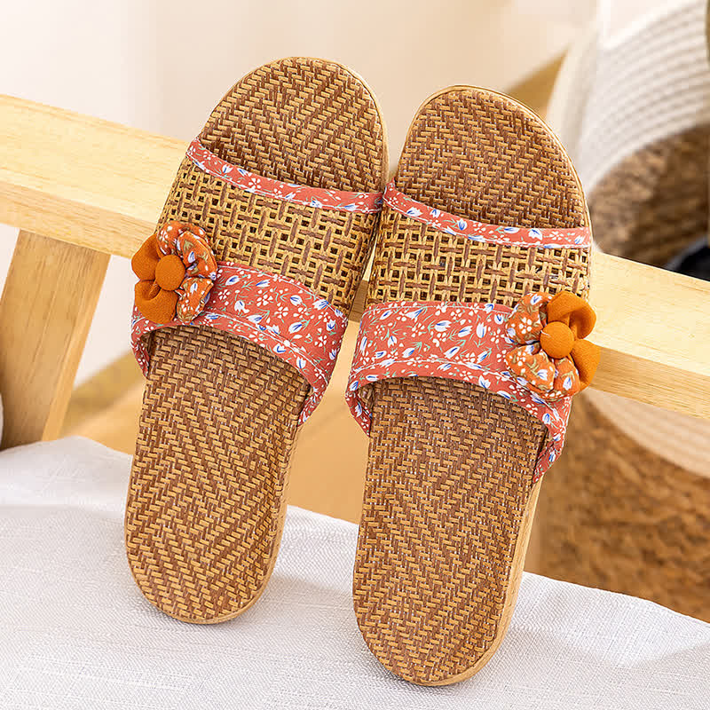 Ownkoti Floral Rattan Straw Slides House Slippers - Orange - L - image 4