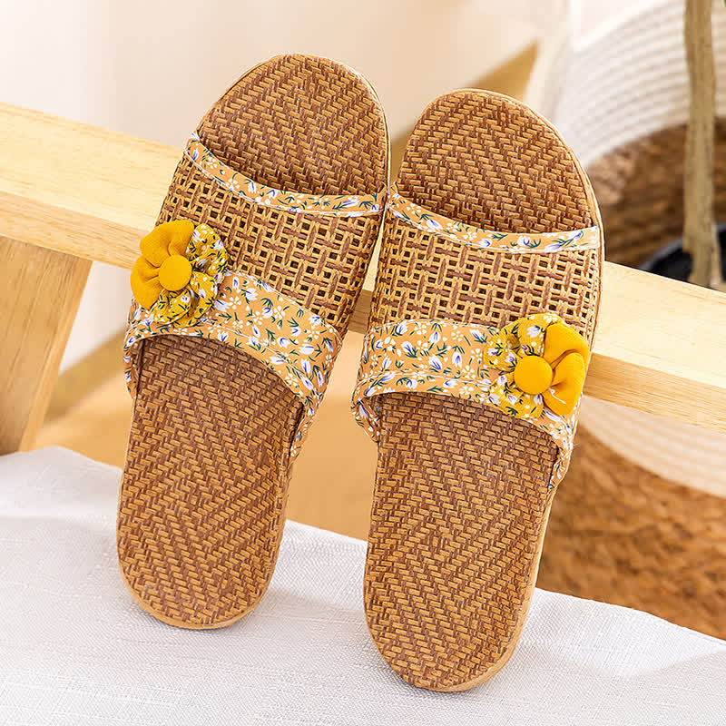Ownkoti Floral Rattan Straw Slides House Slippers - Yellow - L - image 13