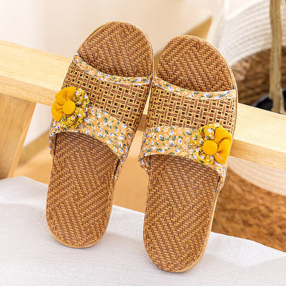 Ownkoti Floral Rattan Straw Slides House Slippers - Yellow - L - image 13