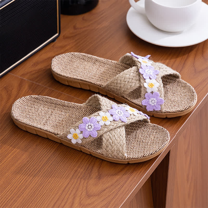 Ownkoti Cross-Band Woven Straw Slides Slippers - Purple - L - image 9