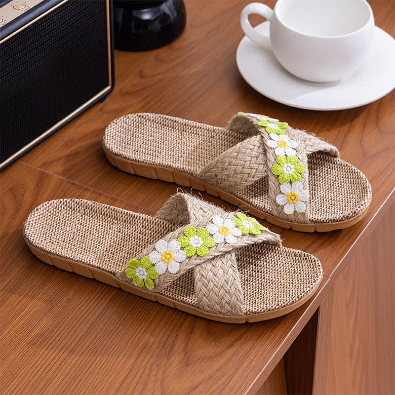 Ownkoti Cross-Band Woven Straw Slides Slippers - Green - L - image 14