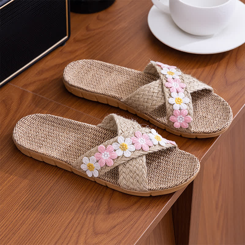 Ownkoti Cross-Band Woven Straw Slides Slippers - Pink - L - image 5