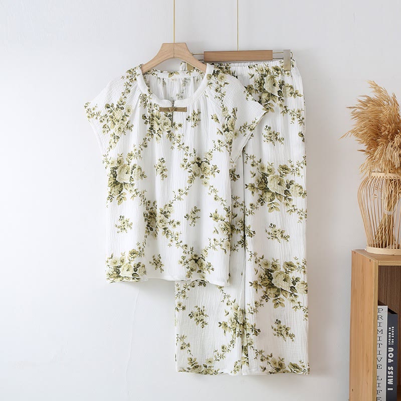 Ownkoti Vintage Peony Cotton Gauze Pajama Set - Green - XL - image 1