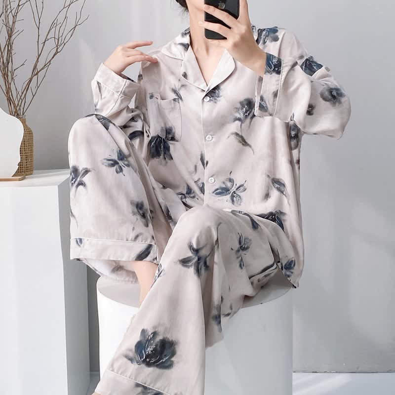 Ownkoti Ink Wash Floral Butterfly Pajama Set - Beige - XXL - image 0