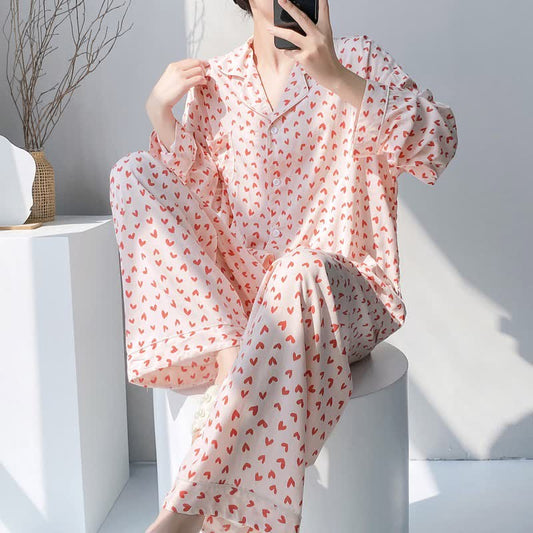 Ownkoti Red Heart Print Pajama Set - Beige - XXL - image 0