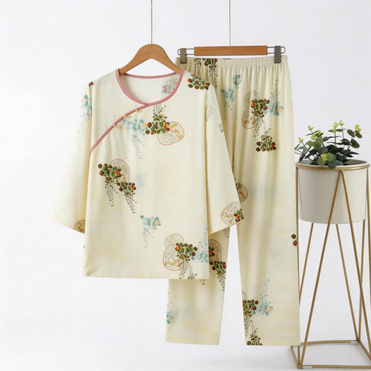 Ownkoti Fresh Oriental Pattern Pajama Set - Green - 4XL - image 0