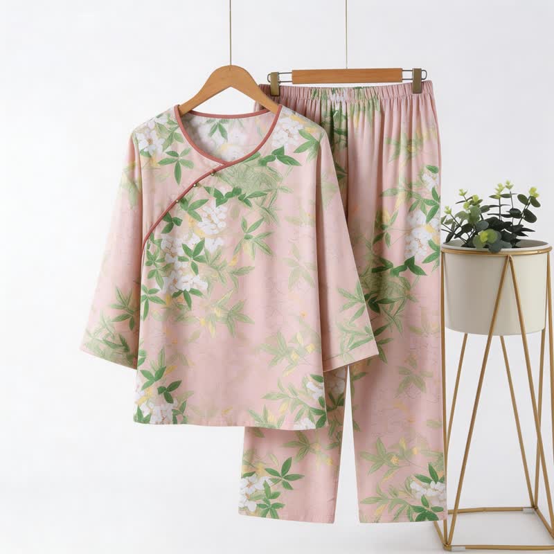Ownkoti Oriental Floral & Leaf Pajama Set - Light Pink - 4XL - image 0