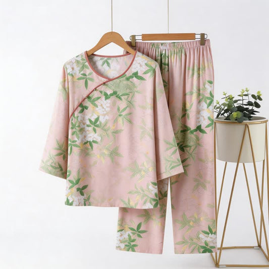 Ownkoti Oriental Floral & Leaf Pajama Set - Light Pink - 4XL - image 0