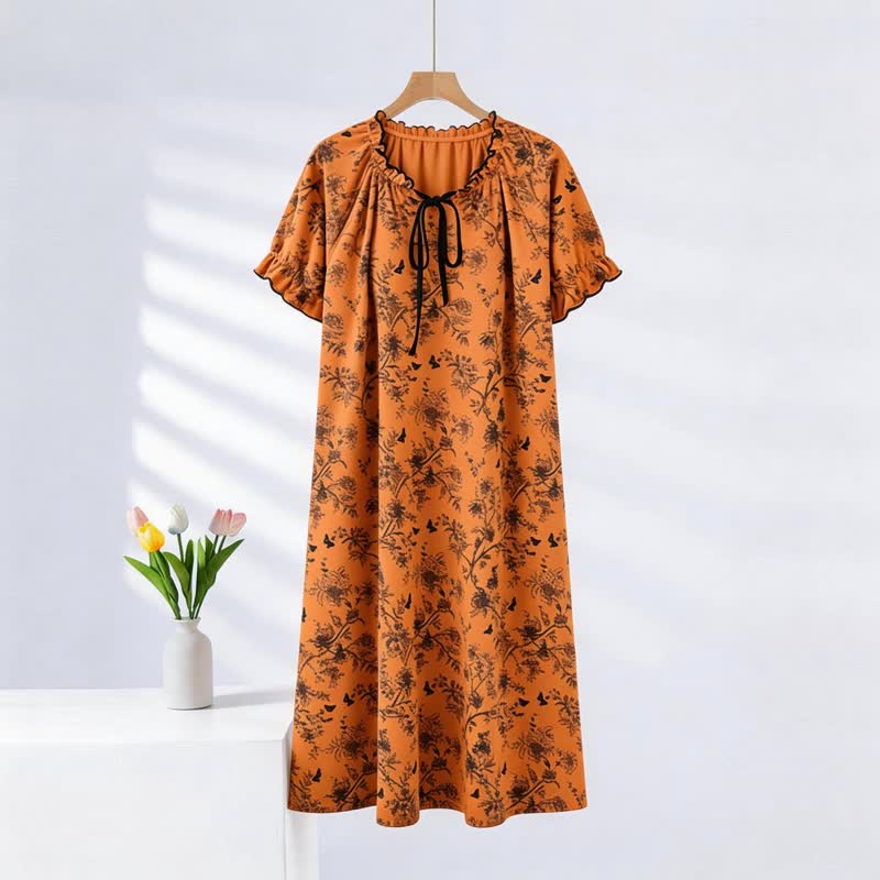 Ownkoti Botanical Butterfly Ruffle Neck Cotton Nightgown - Caramel - XXL - image 0