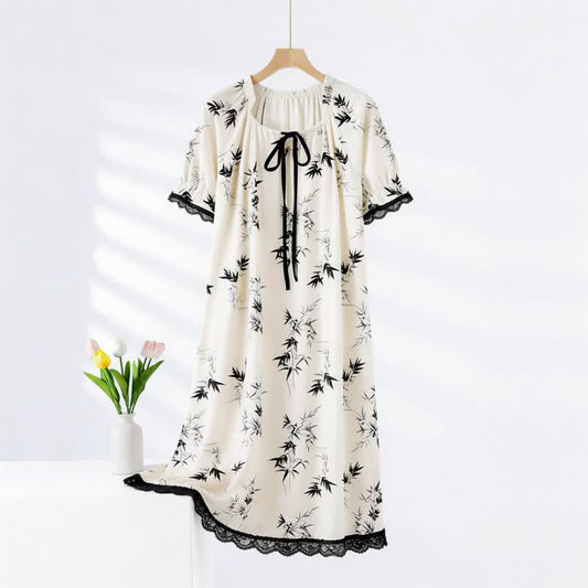 Ownkoti Bamboo Print Ruffle Neck Cotton Nightgown - White & Black - XXL - image 0