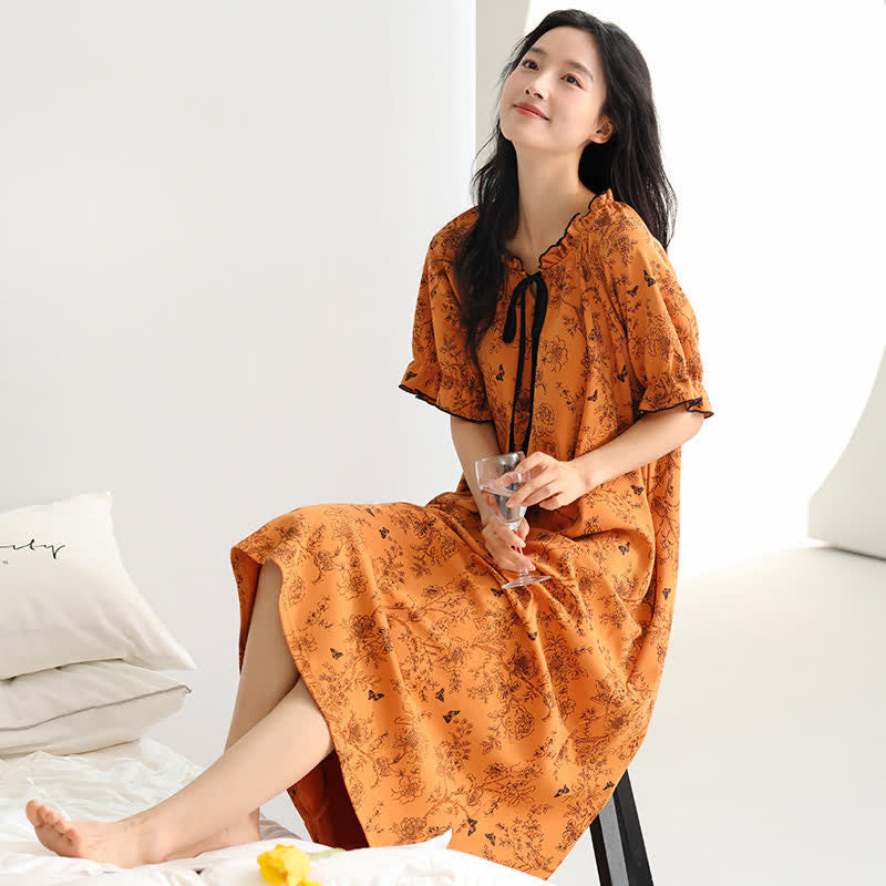 Ownkoti Botanical Butterfly Ruffle Neck Cotton Nightgown - image 1