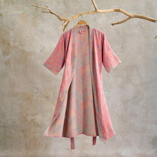 Ownkoti Artistic Leaf Short Sleeve Cotton Robe - Pink - XL - image 0