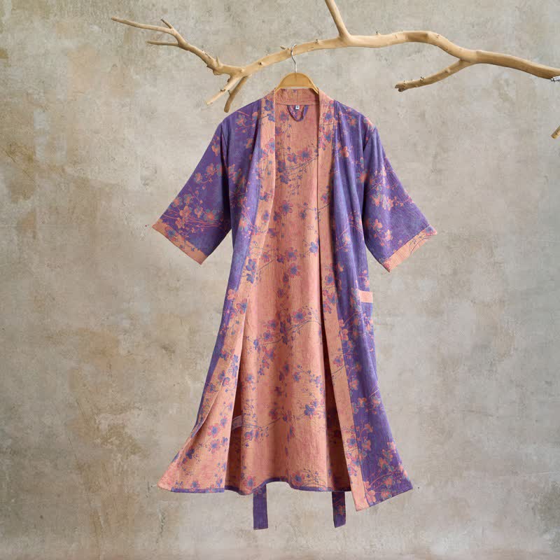 Ownkoti Branch & Floral Short Sleeve Cotton Robe - Purple - XL - image 0
