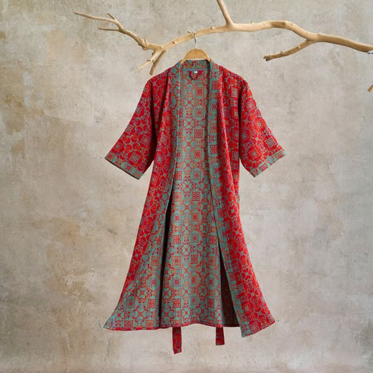 Ownkoti Vintgae Pattern Short Sleeve Cotton Robe - Red - XL - image 0