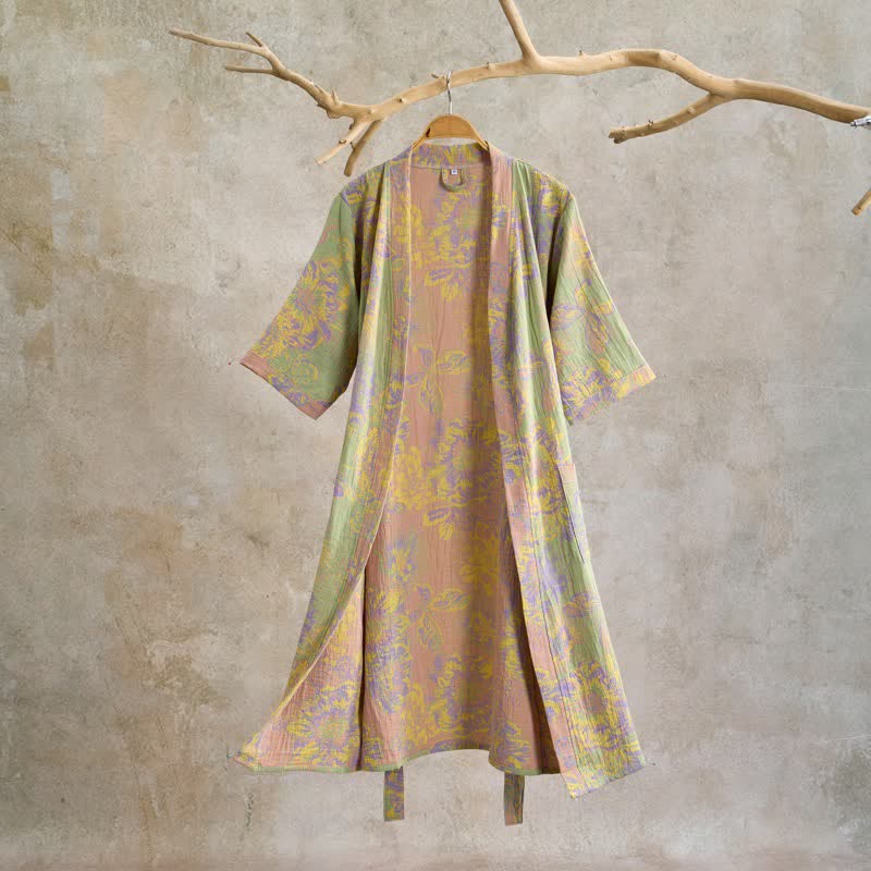 Ownkoti Artistic Floral Short Sleeve Cotton Robe - Green - XL - image 0