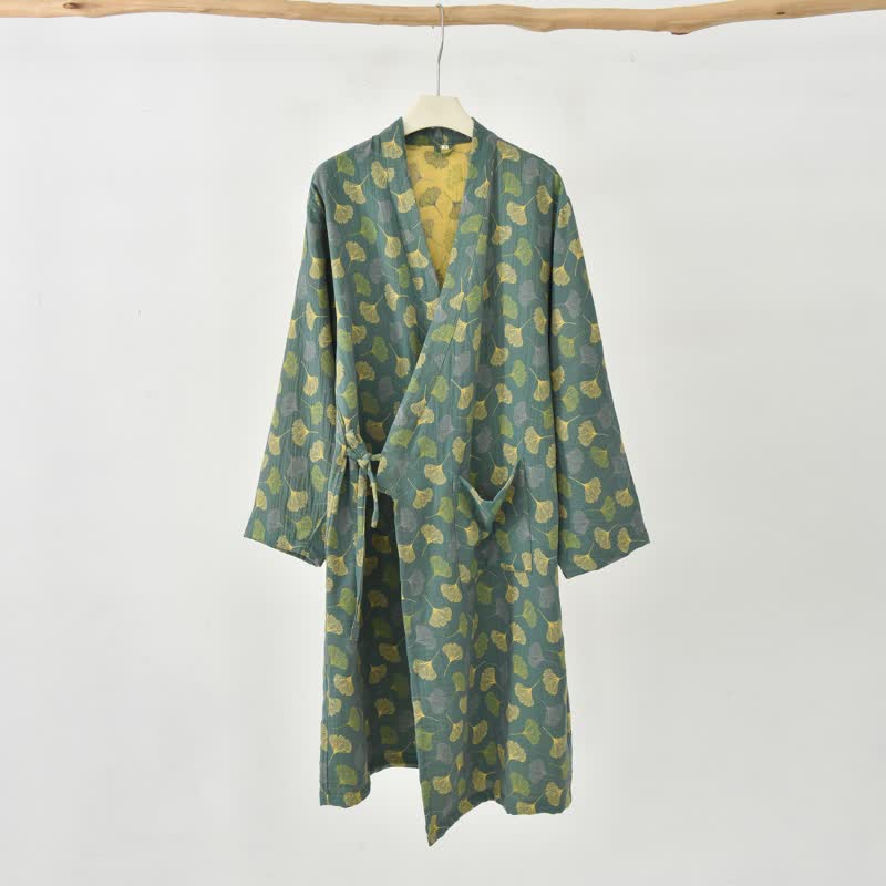 Ownkoti Ginkgo Leaf Cotton Gauze Yukata Robe - Green - XXL - image 16