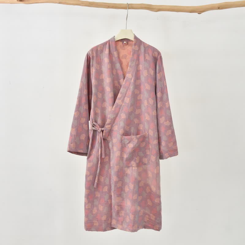 Ownkoti Ginkgo Leaf Cotton Gauze Yukata Robe - Pink - XXL - image 14