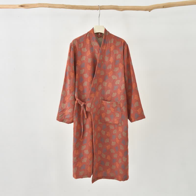 Ownkoti Ginkgo Leaf Cotton Gauze Yukata Robe - Red - XXL - image 3