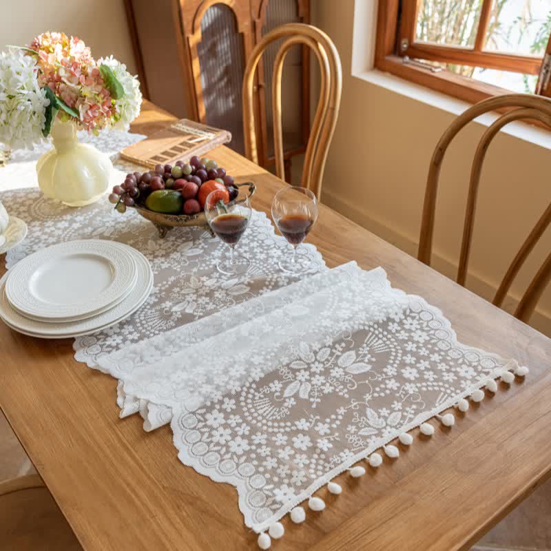Ownkoti Floral Leaf Lace Tassel Table Runner - image 3