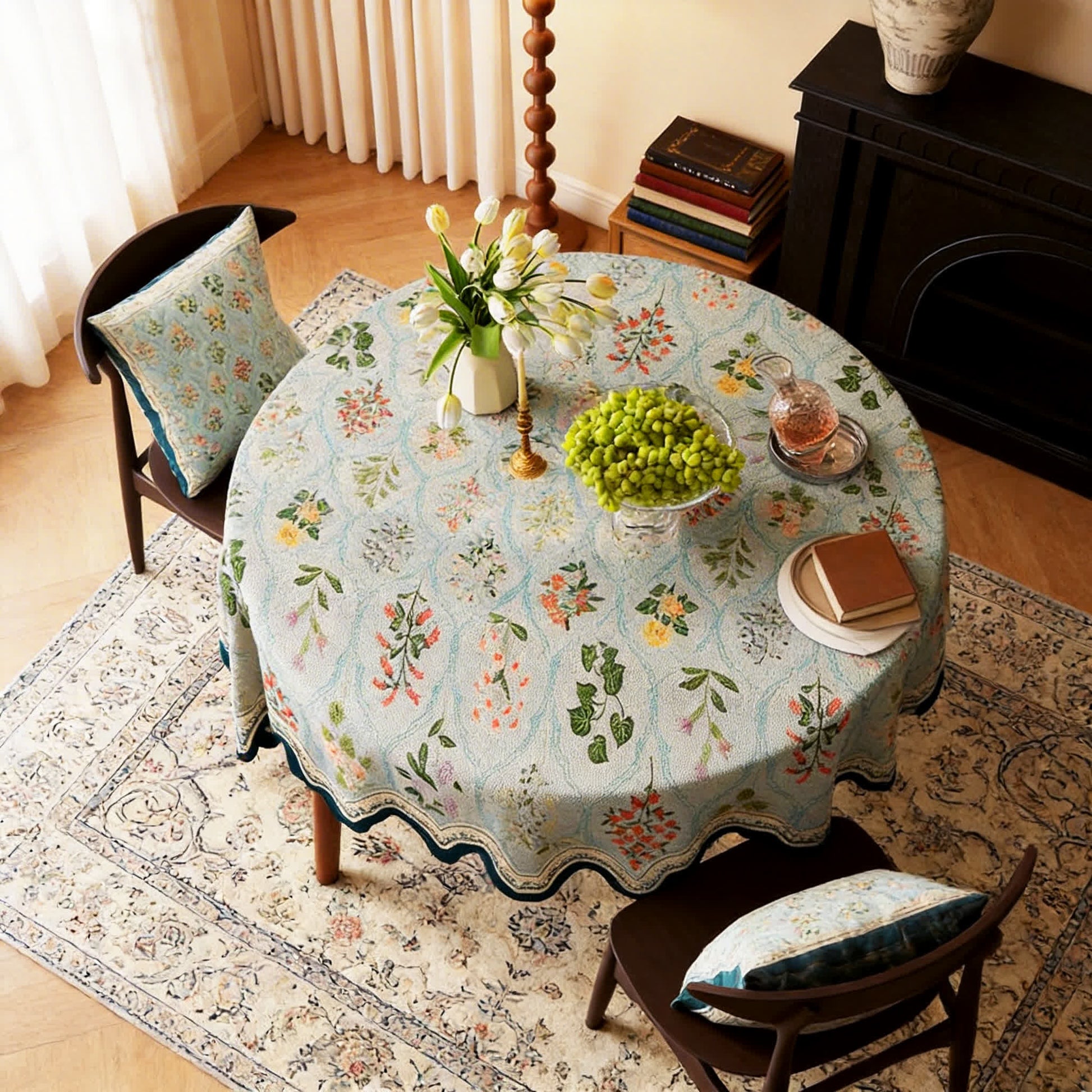 Ownkoti Botanical Floral Scalloped Edge Tablecloth - Round - 55''×55'' - image 4