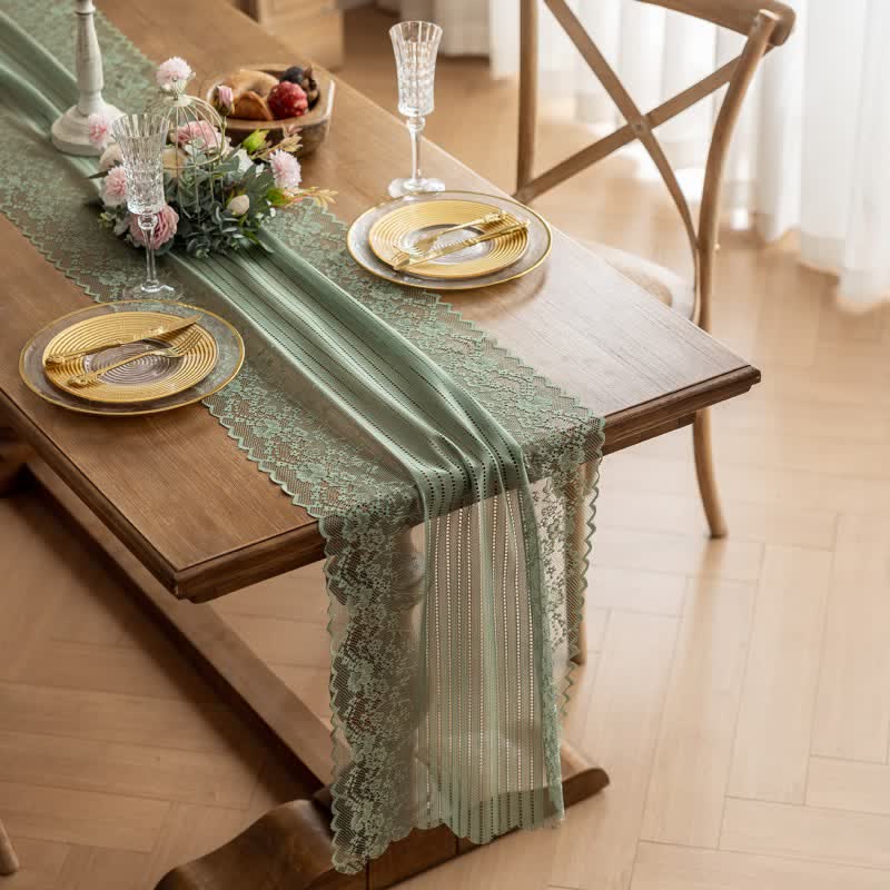 Ownkoti Floral Jacquard Lace Table Runner - Green - 17'' × 118'' - image 9