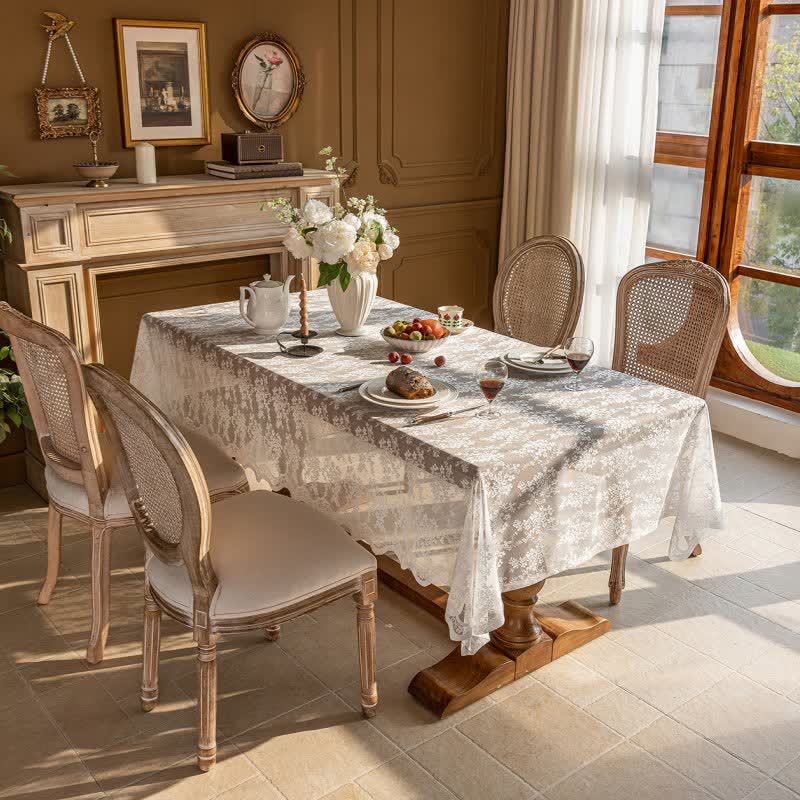 Ownkoti Floral Jacquard Lace Scalloped Edge Tablecloth - White - 55'' × 118'' - image 1