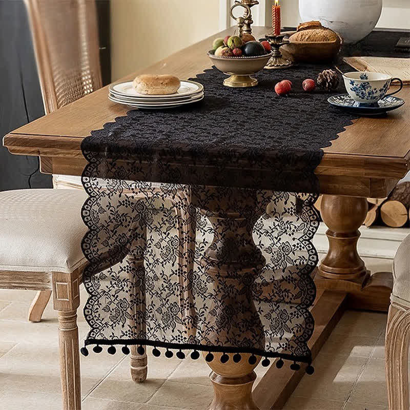 Ownkoti Elegant Floral Lace Tassel Table Runner - Black - 17'' × 118'' - image 5