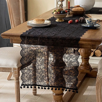 Ownkoti Elegant Floral Lace Tassel Table Runner - Black - 17'' × 118'' - image 5