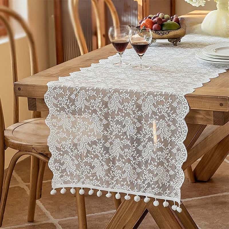 Ownkoti Elegant Floral Lace Tassel Table Runner - White - 17'' × 118'' - image 0
