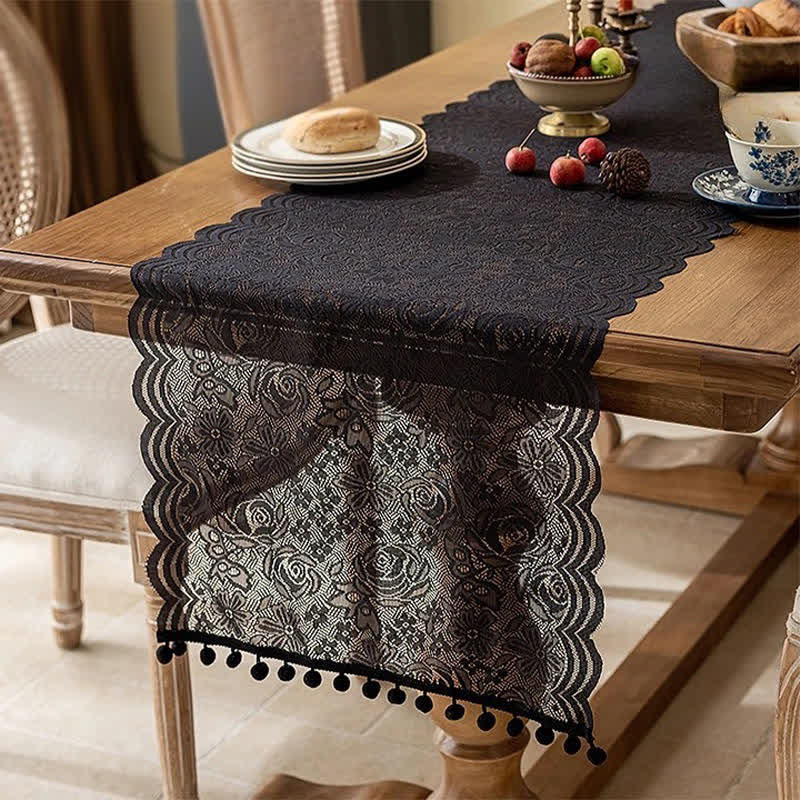 Ownkoti Rose Jacquard Lace Tassel Table Runner - Black - 17'' × 118'' - image 7