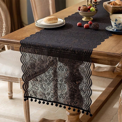 Ownkoti Rose Jacquard Lace Tassel Table Runner - Black - 17'' × 118'' - image 7