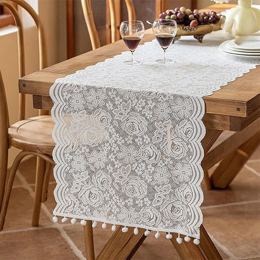 Ownkoti Rose Jacquard Lace Tassel Table Runner - White - 17'' × 118'' - image 0