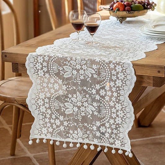 Ownkoti Floral Leaf Lace Tassel Table Runner - White - 17'' × 118'' - image 0