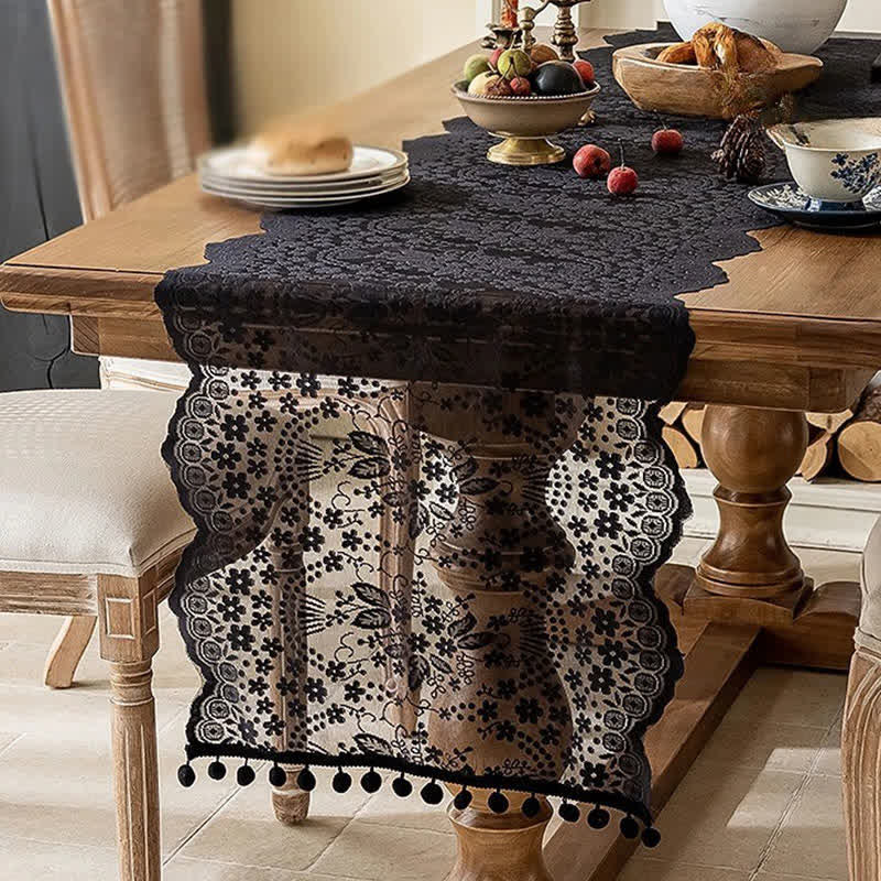 Ownkoti Floral Leaf Lace Tassel Table Runner - Black - 17'' × 118'' - image 5
