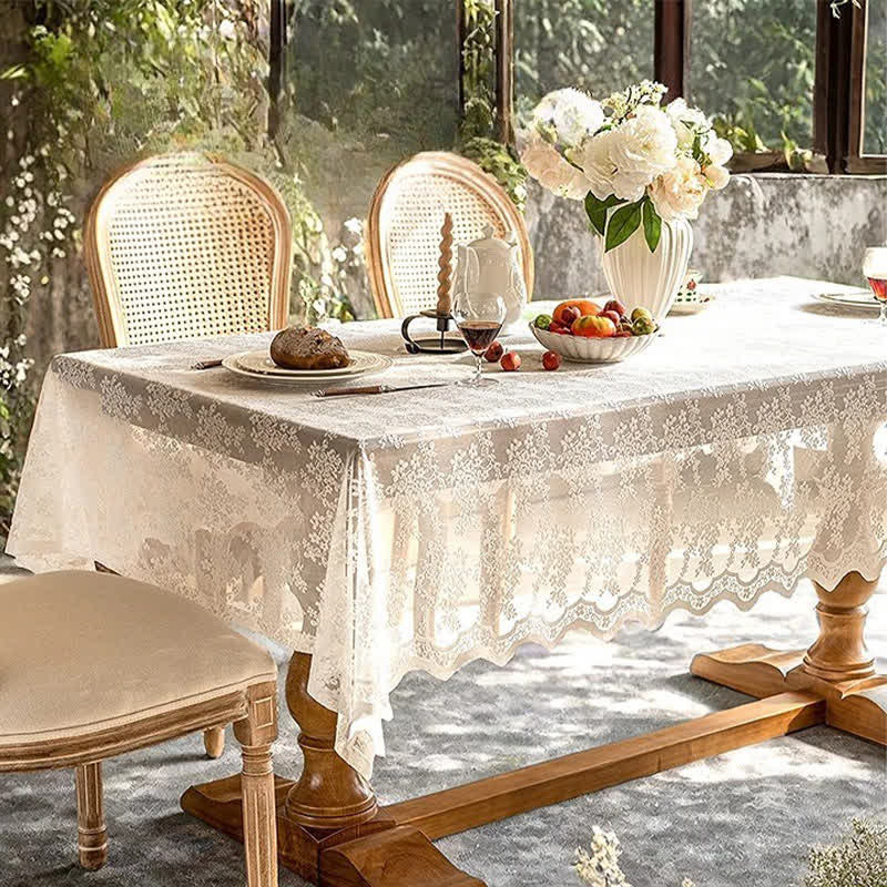 Ownkoti Floral Jacquard Lace Scalloped Edge Tablecloth - image 0