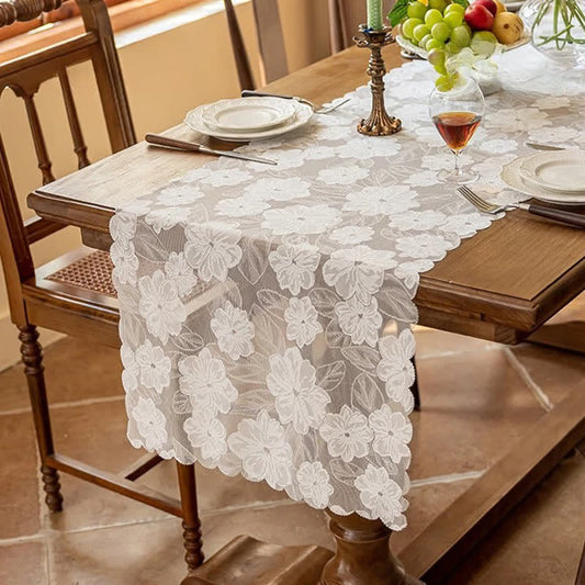 Ownkoti Camellia Jacquard Lace Table Runner - White - 17'' × 118'' - image 0