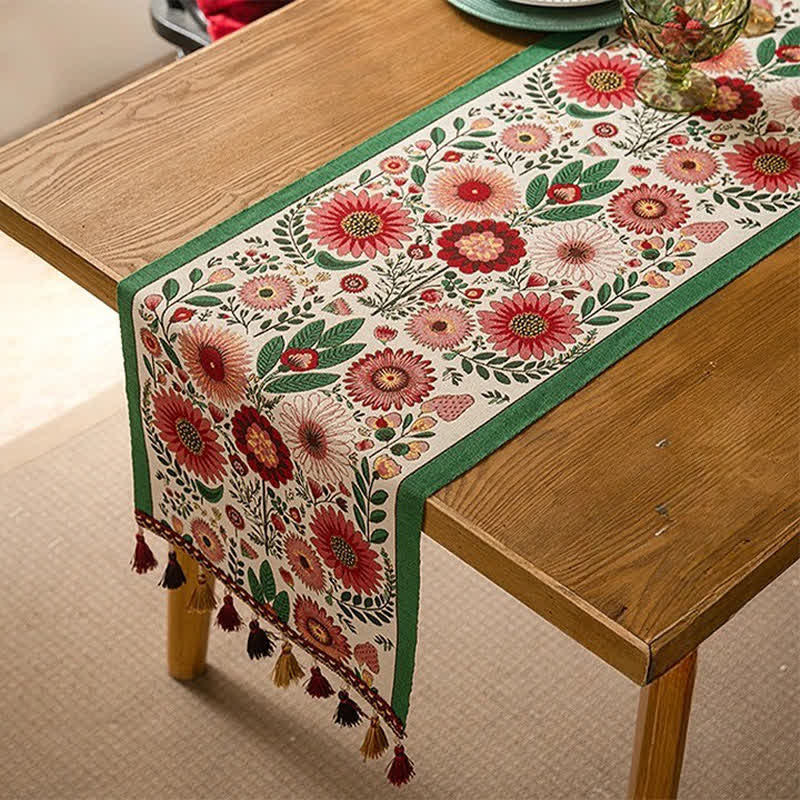 Ownkoti Pink Floral Jacquard Tassel Table Runner - 13'' × 118'' - image 0