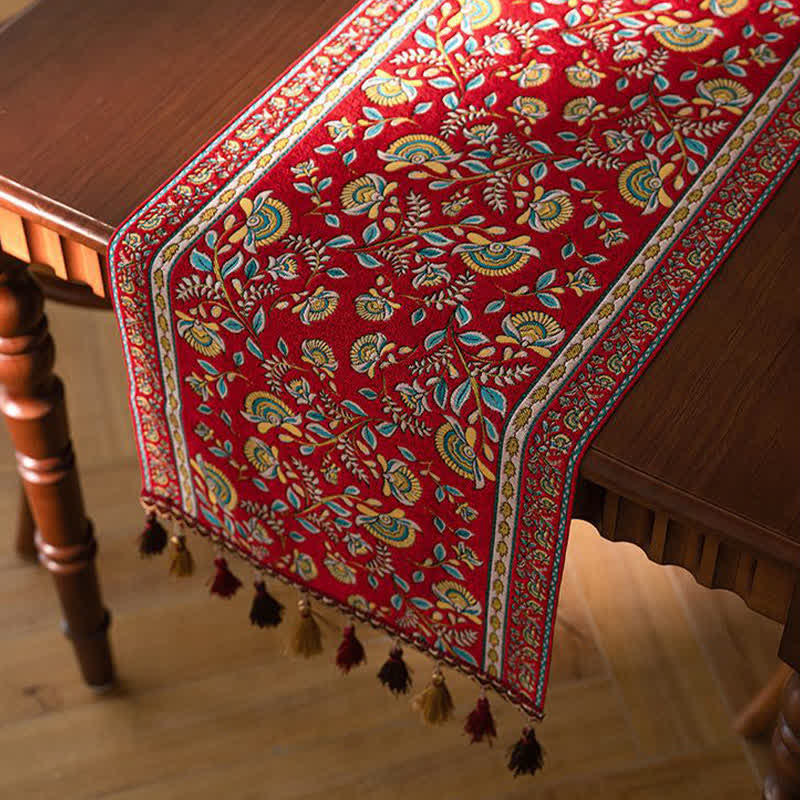 Ownkoti Vintage Branch Jacquard Tassel Table Runner - Red - 13'' × 118'' - image 0